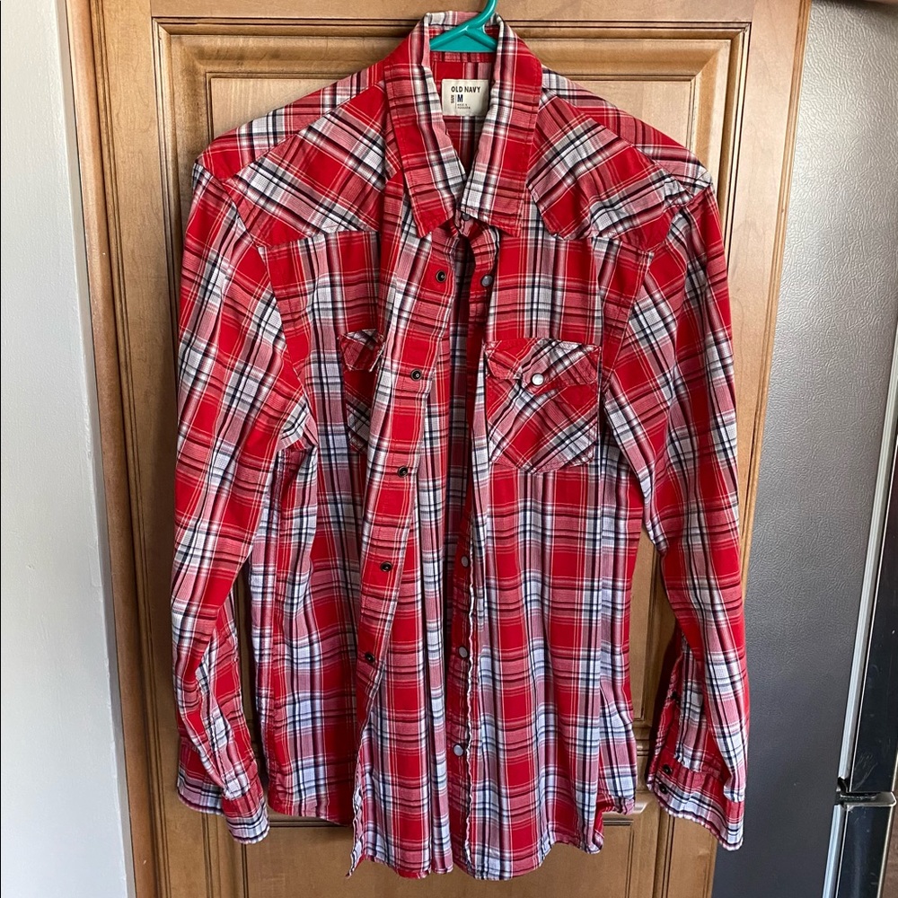 Mens old navy red plaid button down size M
